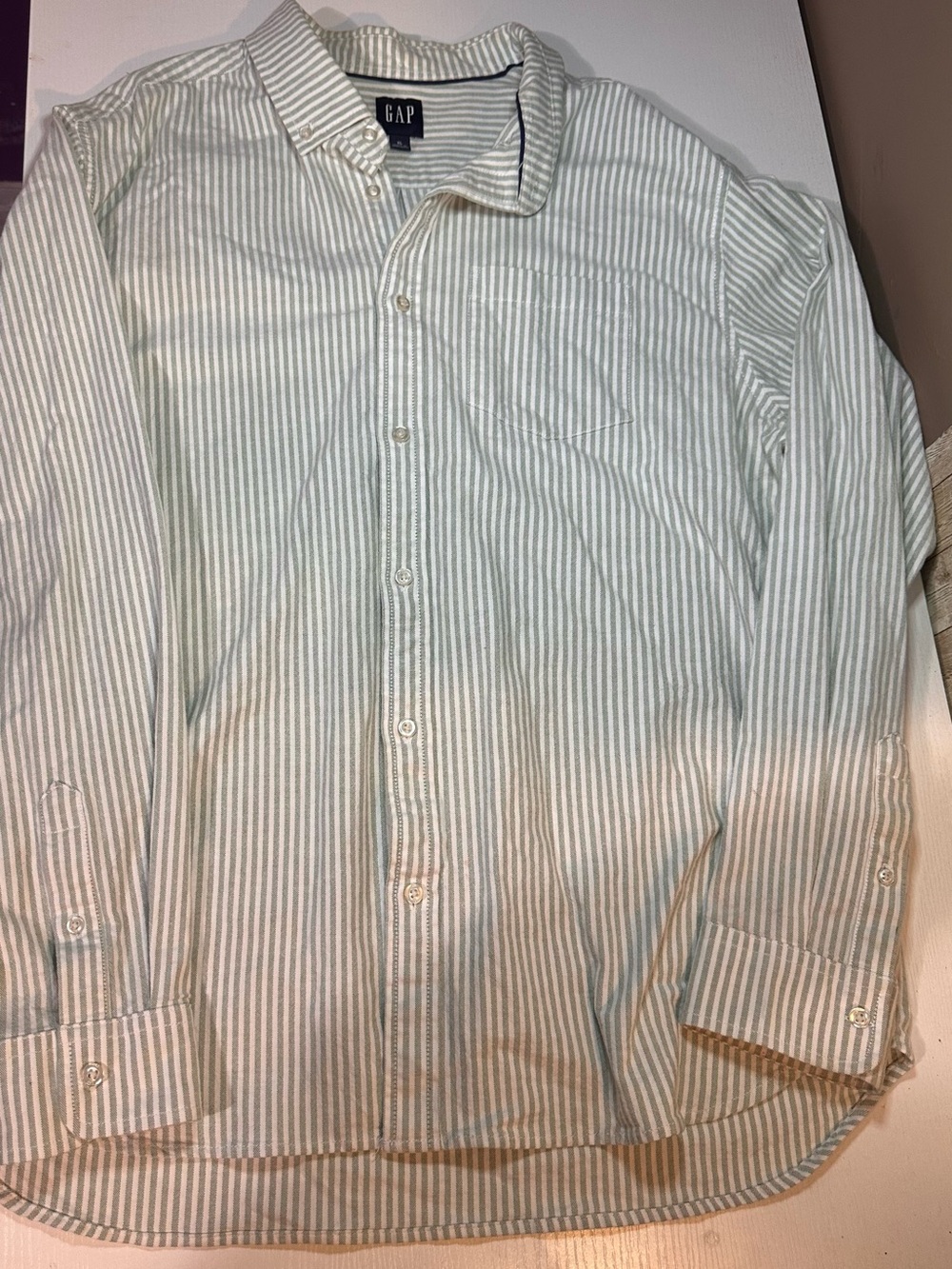 GAP Men’s Green and White Striped Button-Down Shirt